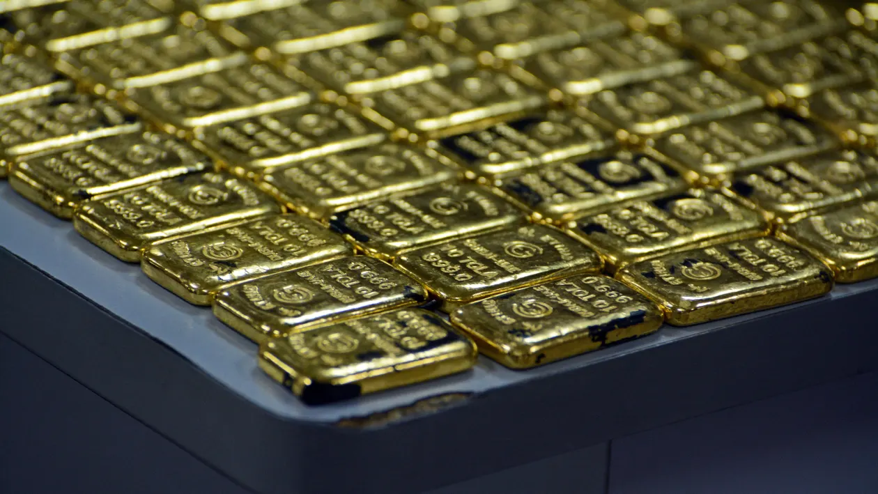 Close up stack of gold bars.